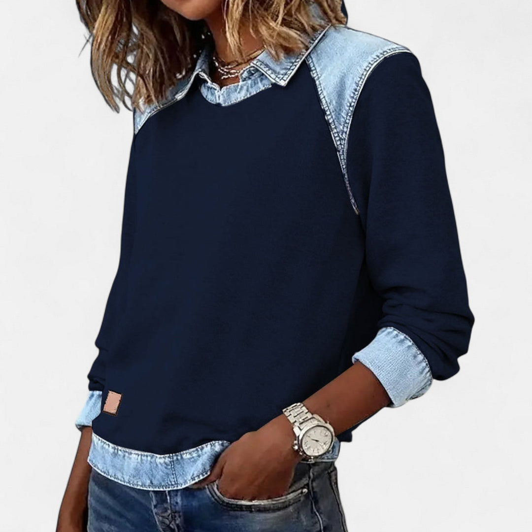 Suéter para mujer con efecto superpuesto, cuello y mangas largas