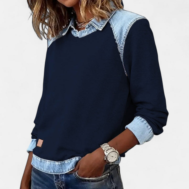 Suéter para mujer con efecto superpuesto, cuello y mangas largas