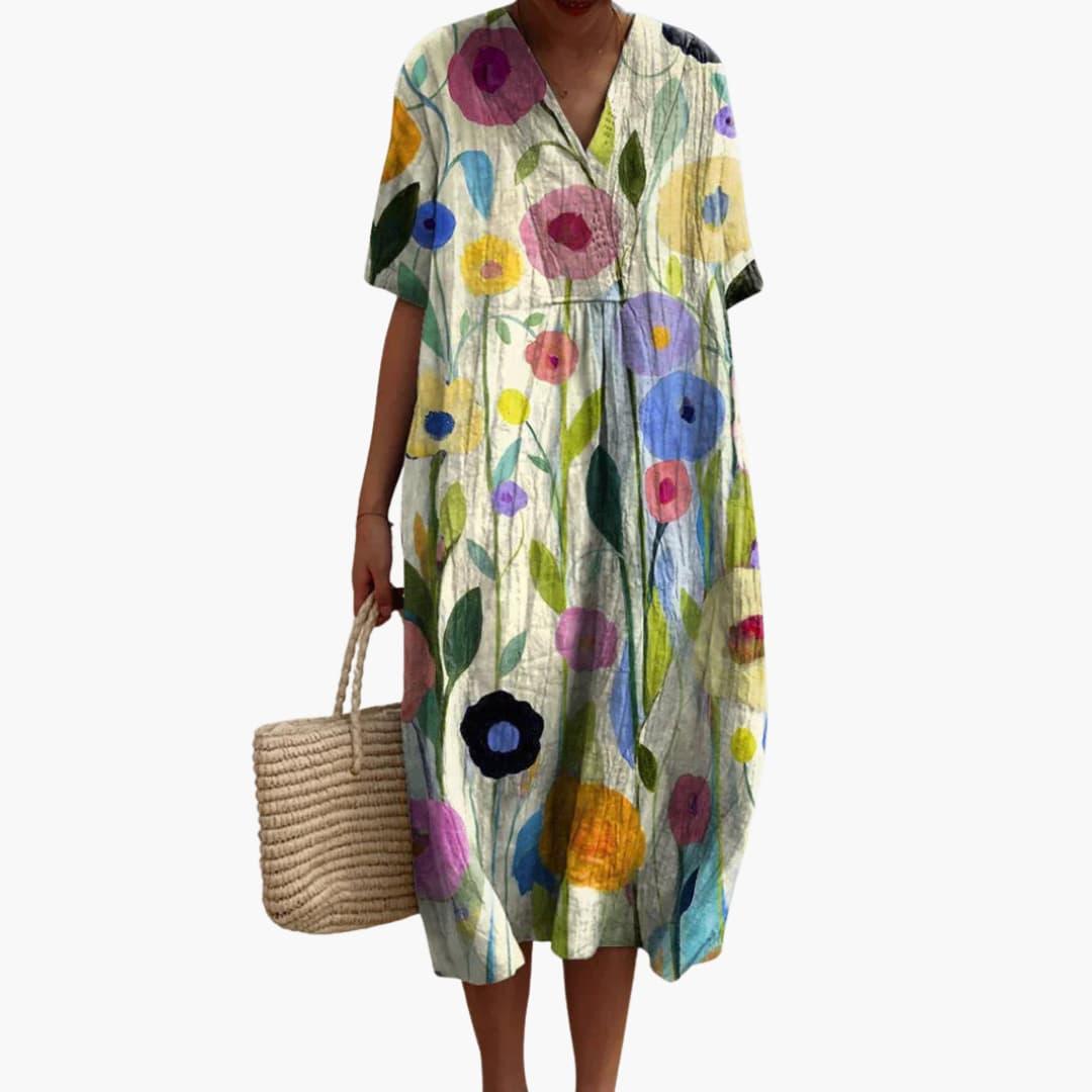 Robe Midi Femme Ample à Imprimé Floral avec Col en V