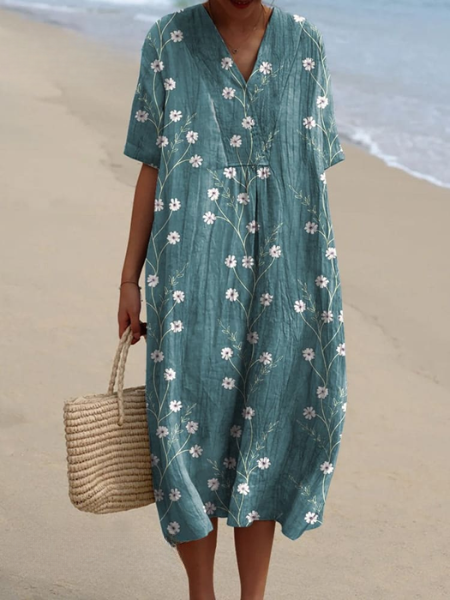Women's Floral Print V-Neck Summer Midi Dress