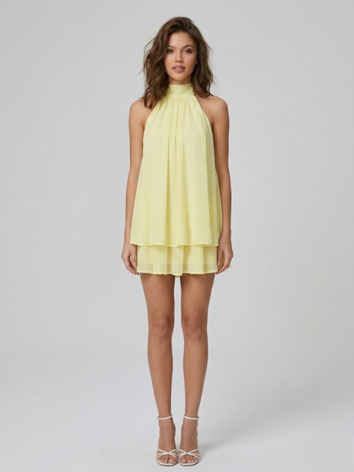 Robe courte femme dos nu col montant volants