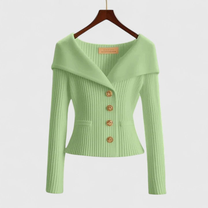 Cardigan Femme en Maille Côtelée à Boutons et Col Châle