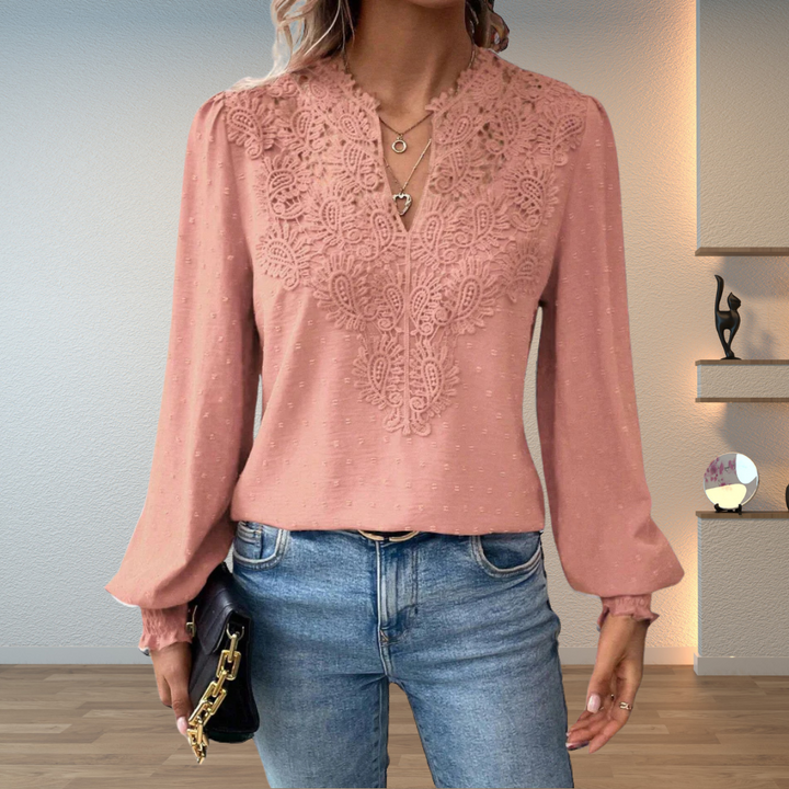 Blouse Femme Col V Brodé à Manches Longues Fluides