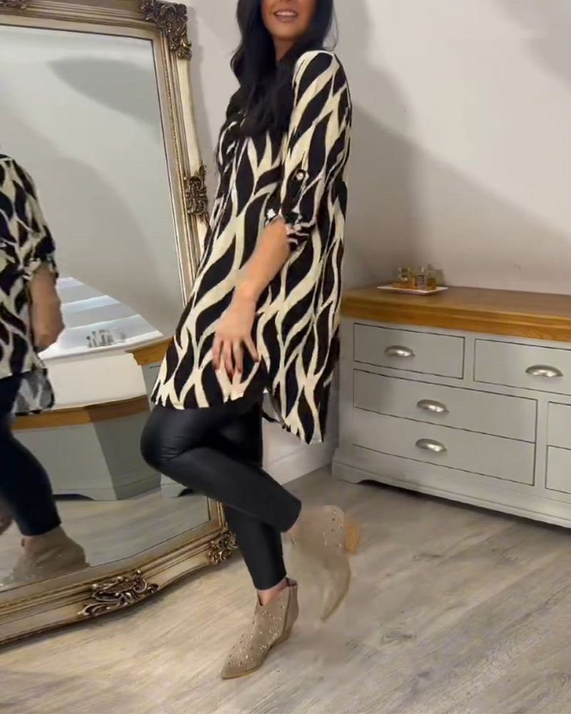Blouse Ample Pour Femme à Col en V et Manches Trois-Quarts