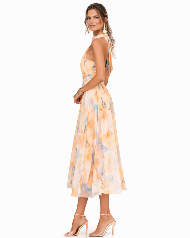 Robe maxi col halter aquarelle pour femme