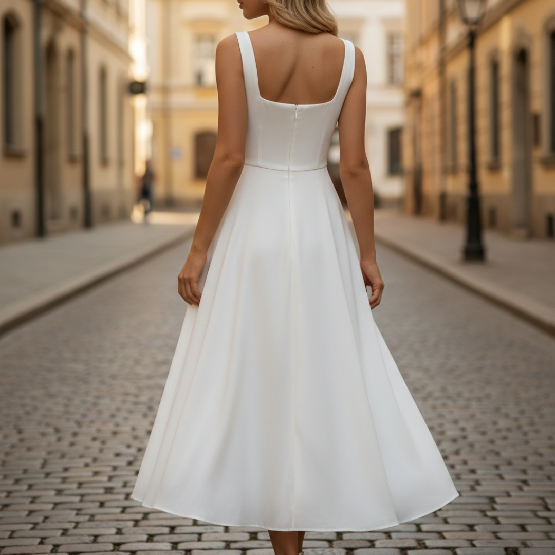Bílé midi šaty s hranatým výstřihem bez rukávů, elegantní