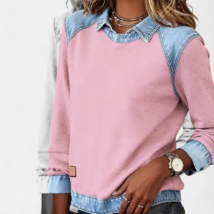 Suéter para mujer con efecto superpuesto, cuello y mangas largas