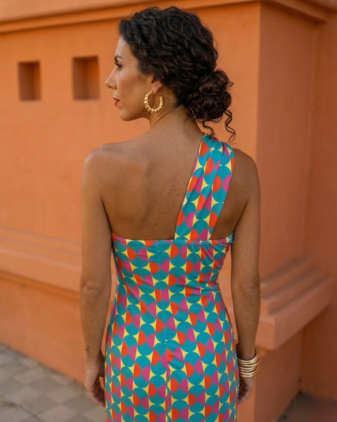 Robe Midi Asymétrique Femme Élégante à Une Épaule Imprimée