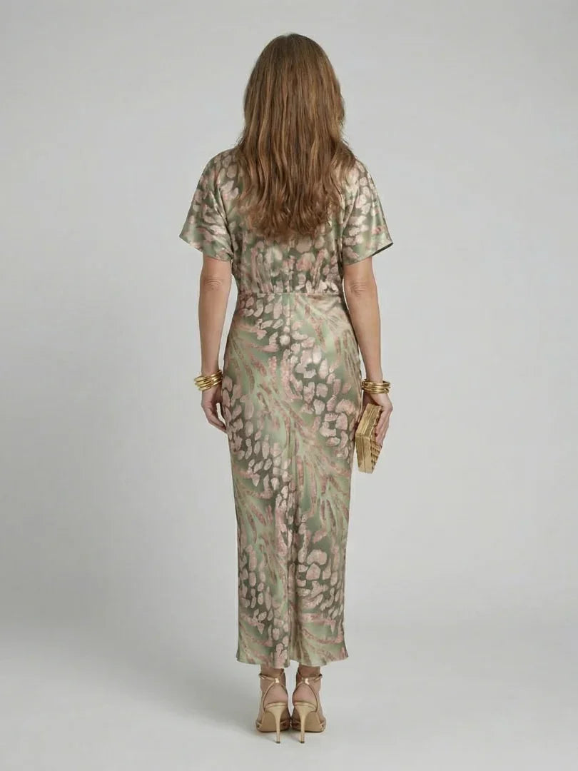 Vestito midi da donna stampato con vita drappeggiata e scollo a V