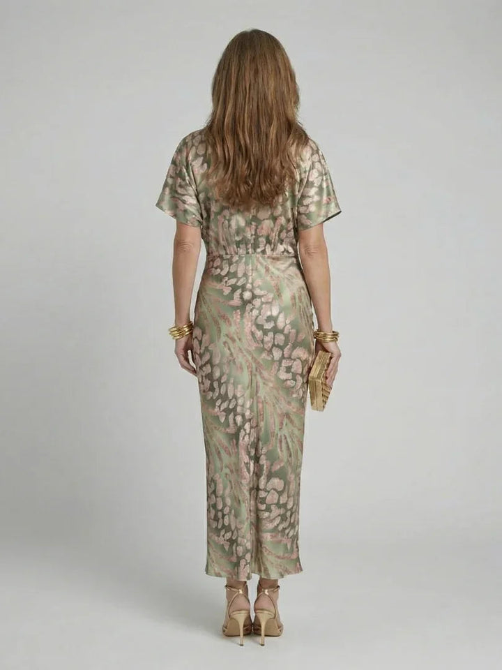 Vestito midi da donna stampato con vita drappeggiata e scollo a V