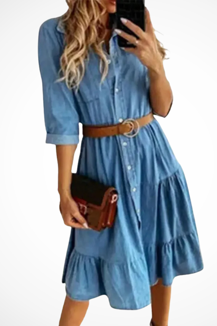 Robe Chemise Midi Fluide à Volants Élégante pour Femme