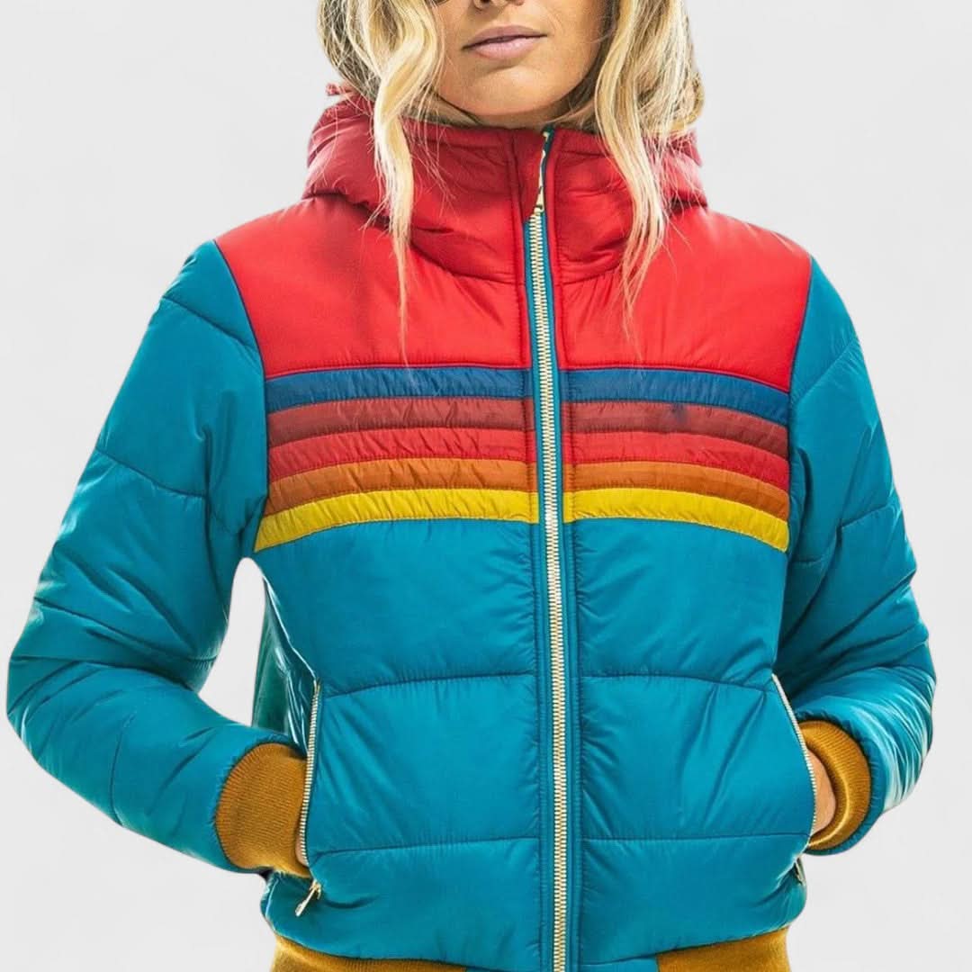 Giacca trapuntata con cappuccio e strisce colorate da donna