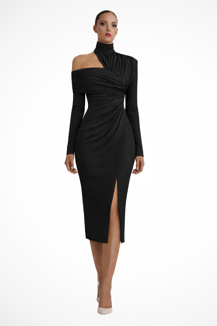 Robe Midi Femme Asymétrique à Manches Longues et Effet Drapé