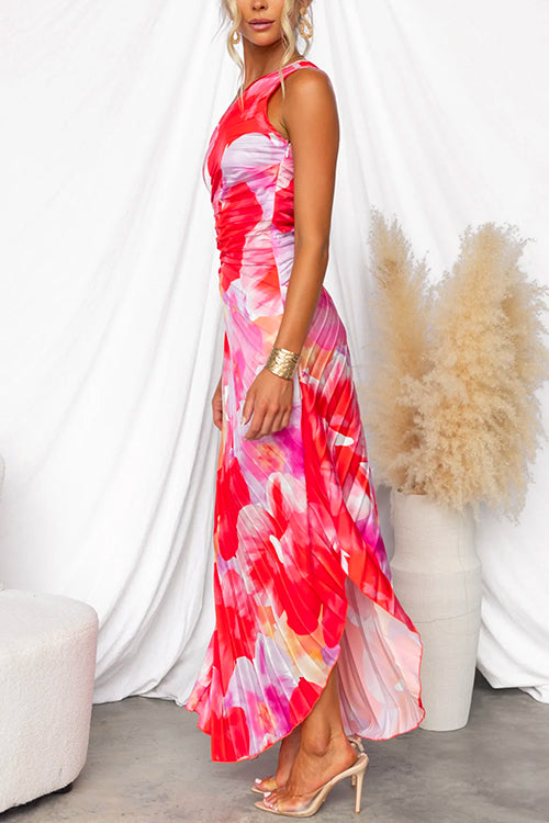 Robe Maxi Fleurie pour Femmes à Une Épaule avec Taille Drapée Élégante