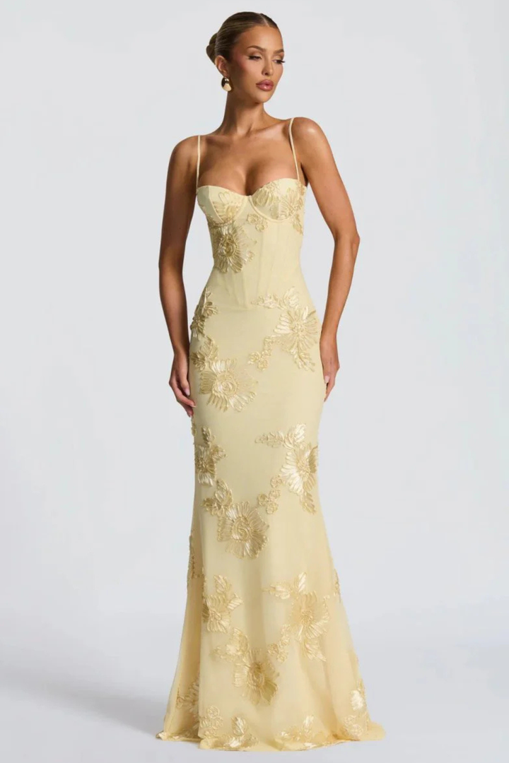 Robe Longue Femme Sirène à Bretelles Fines et Broderies Florales