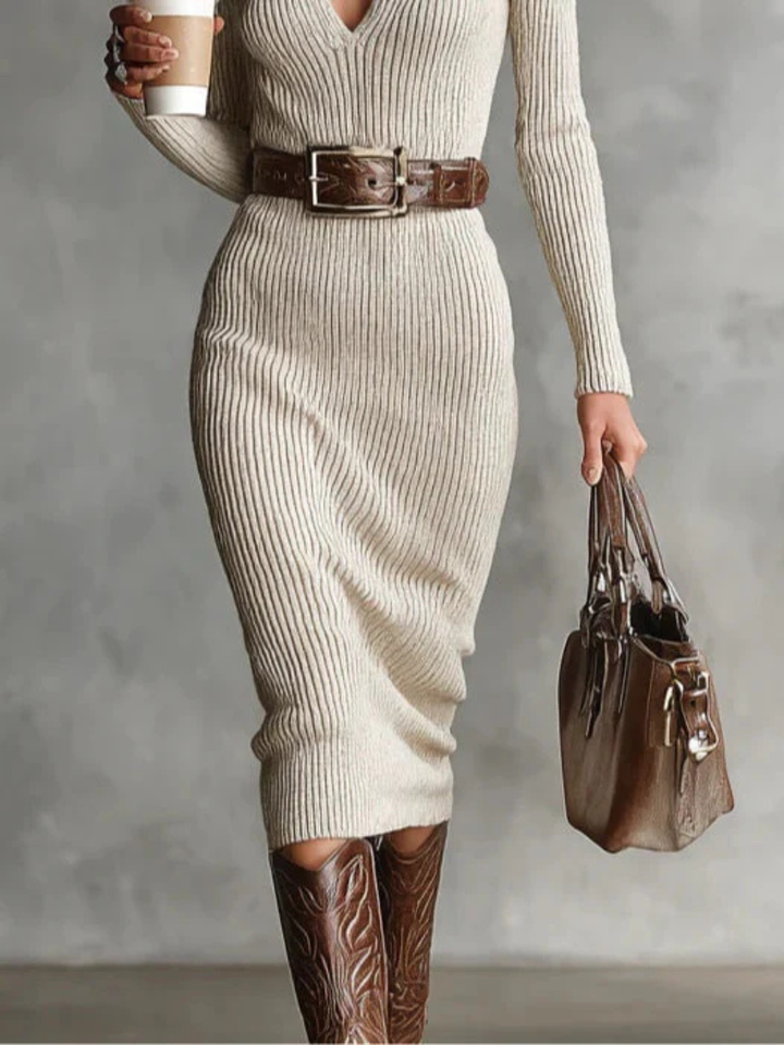 Robe Miidi en Maille Côtelée à Col en V Pour Femme