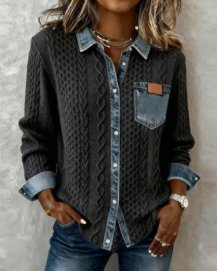 Cárdigan de mujer de punto trenzado con detalles de denim