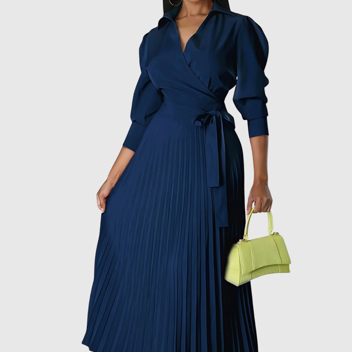 Robe Longue Cache-Cœur Femme Plissée avec Ceinture à Nouer