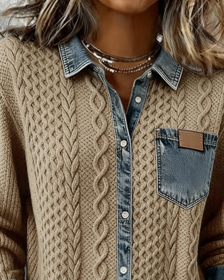 Cárdigan de mujer de punto trenzado con detalles de denim