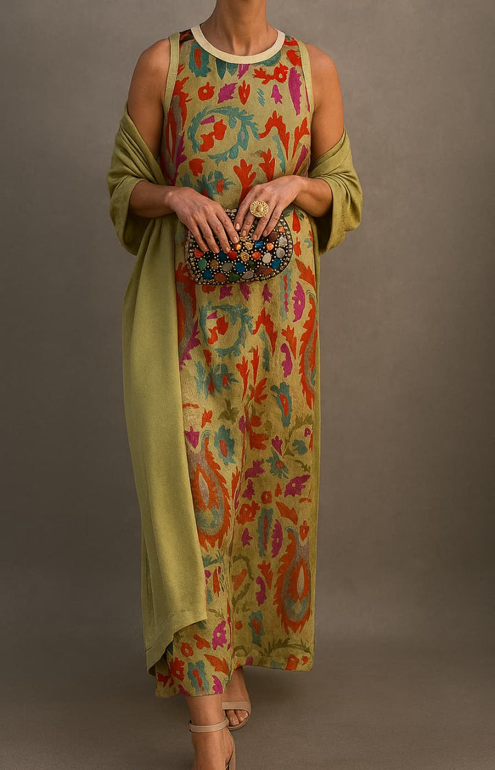 Completo Donna 2 Pezzi Abito Lungo Stampato e Cardigan Lungo Coordinato