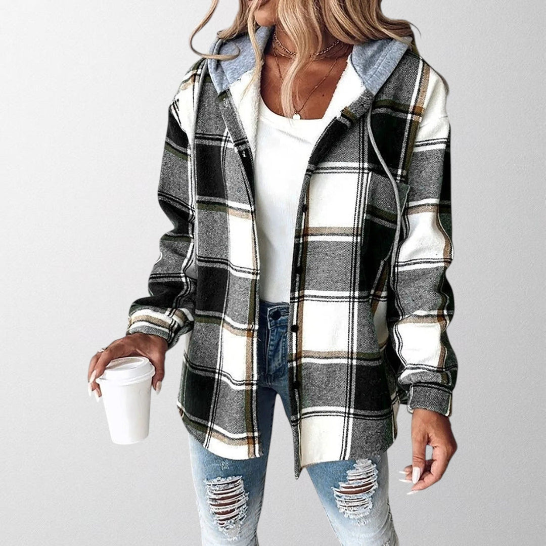 Giacca a quadri da donna con cappuccio e cerniera vertikale