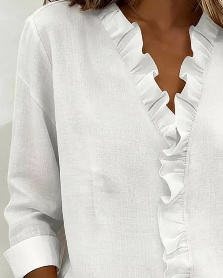 Blouse femme col V volants manches longues