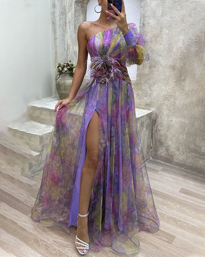 Women's Long Asymmetric Floral Evening Dress with Slit