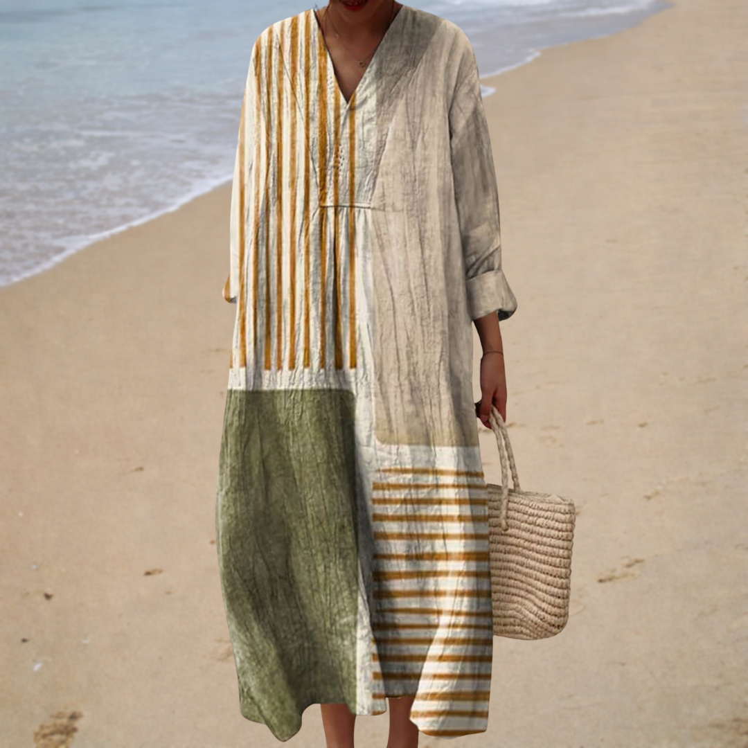 Robe Maxi Patchwork Rayé Color Block Col en V Femme