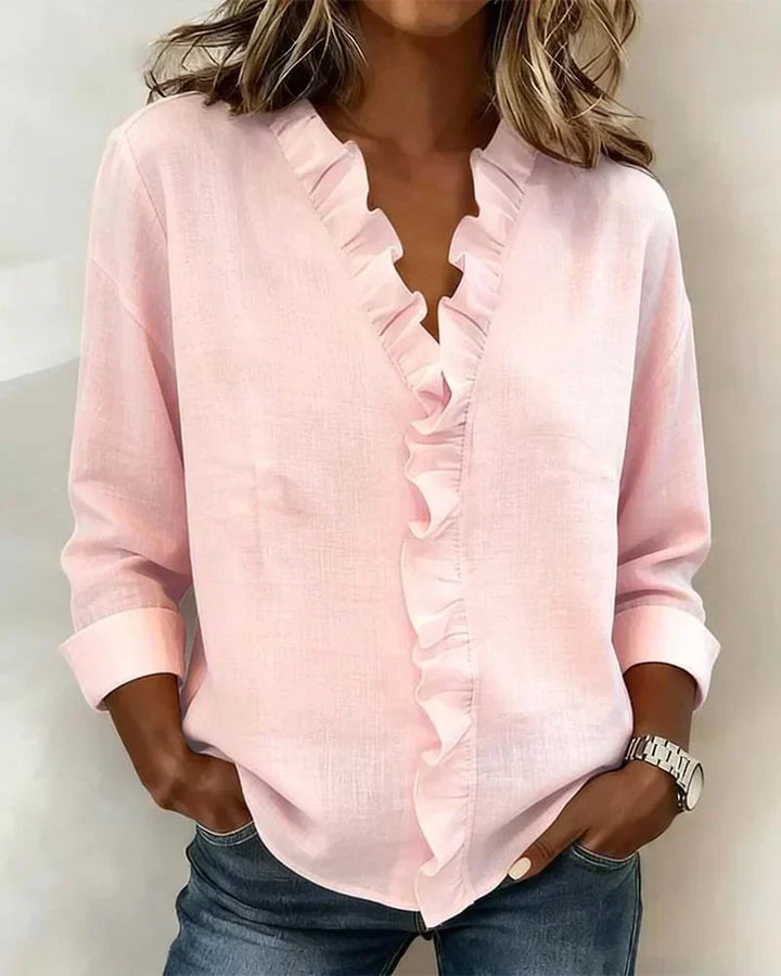 Blouse femme col V volants manches longues