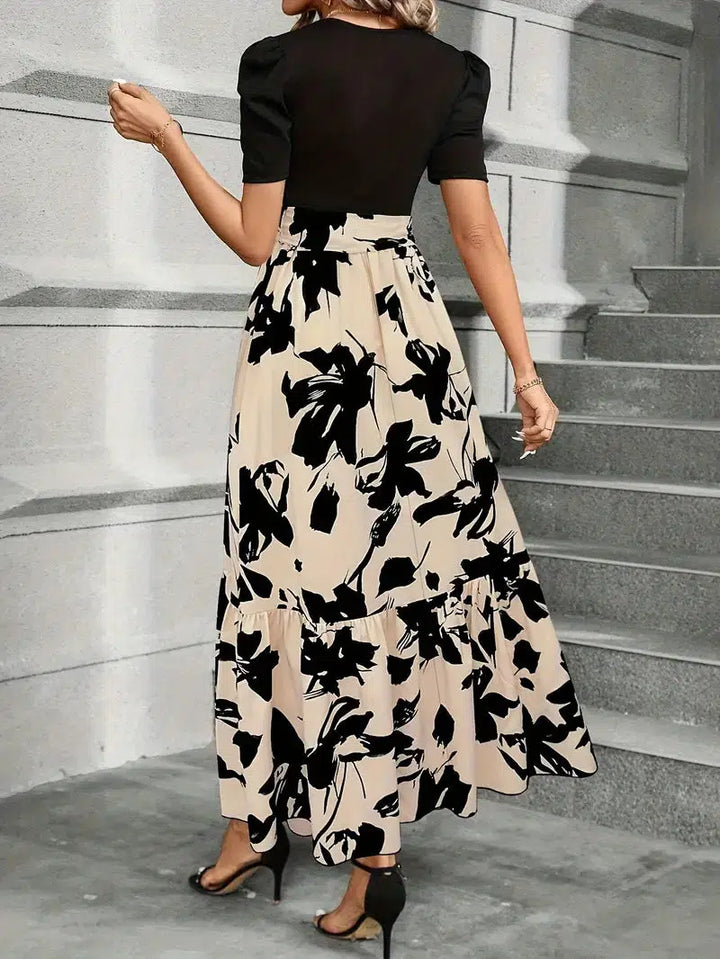 Robe Maxi Fleurie pour Femmes avec Haut Contrasté et Jupe Évasée