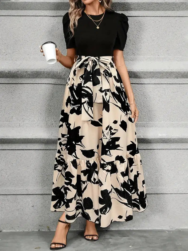 Robe Maxi Fleurie pour Femmes avec Haut Contrasté et Jupe Évasée