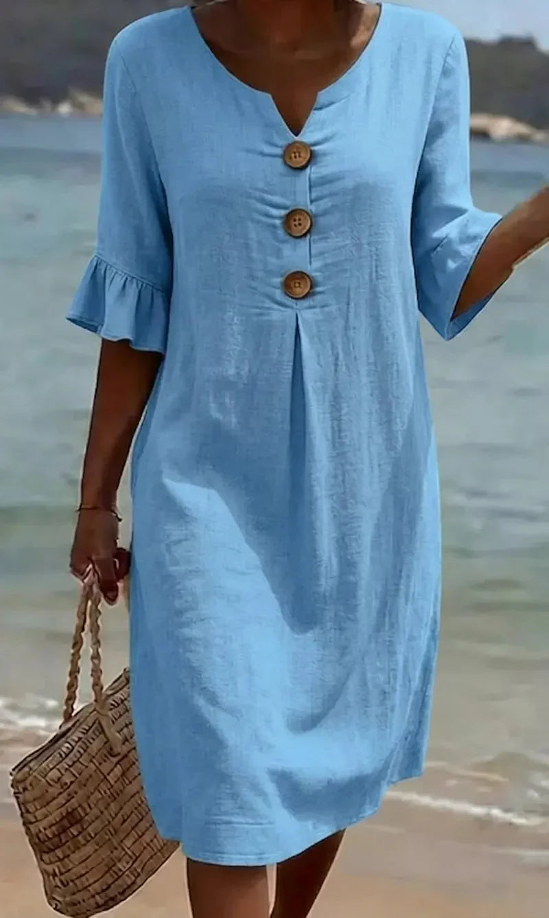 Robe Courte Décontractée à Boutons Décoratifs et Manches Volantées pour Femme