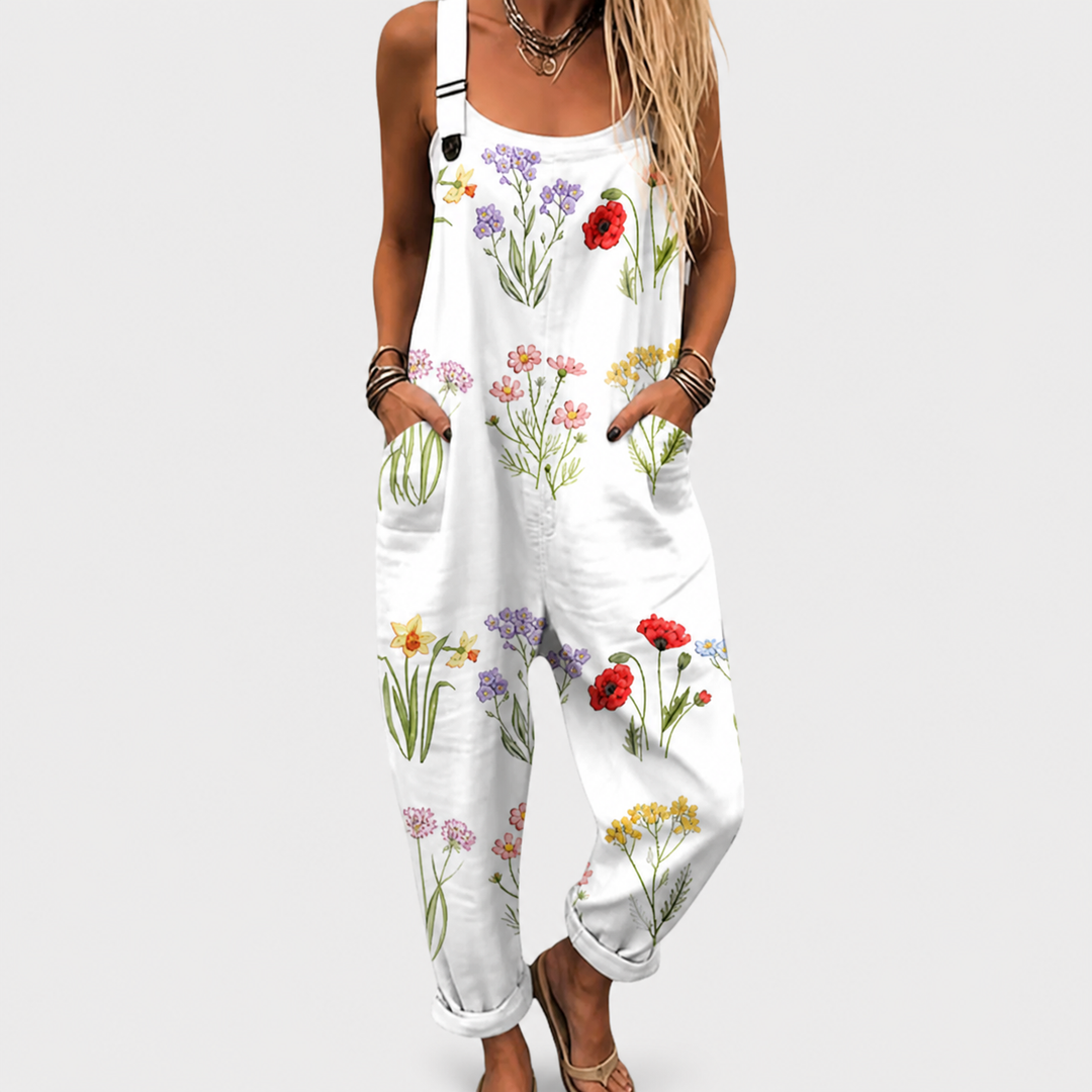 Salopette Longue Femme Blanche Imprimé Fleurs des Champs
