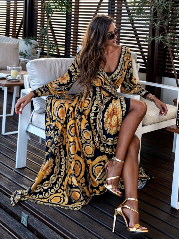 Robe Longue Portefeuille Femme Imprimé Bohème