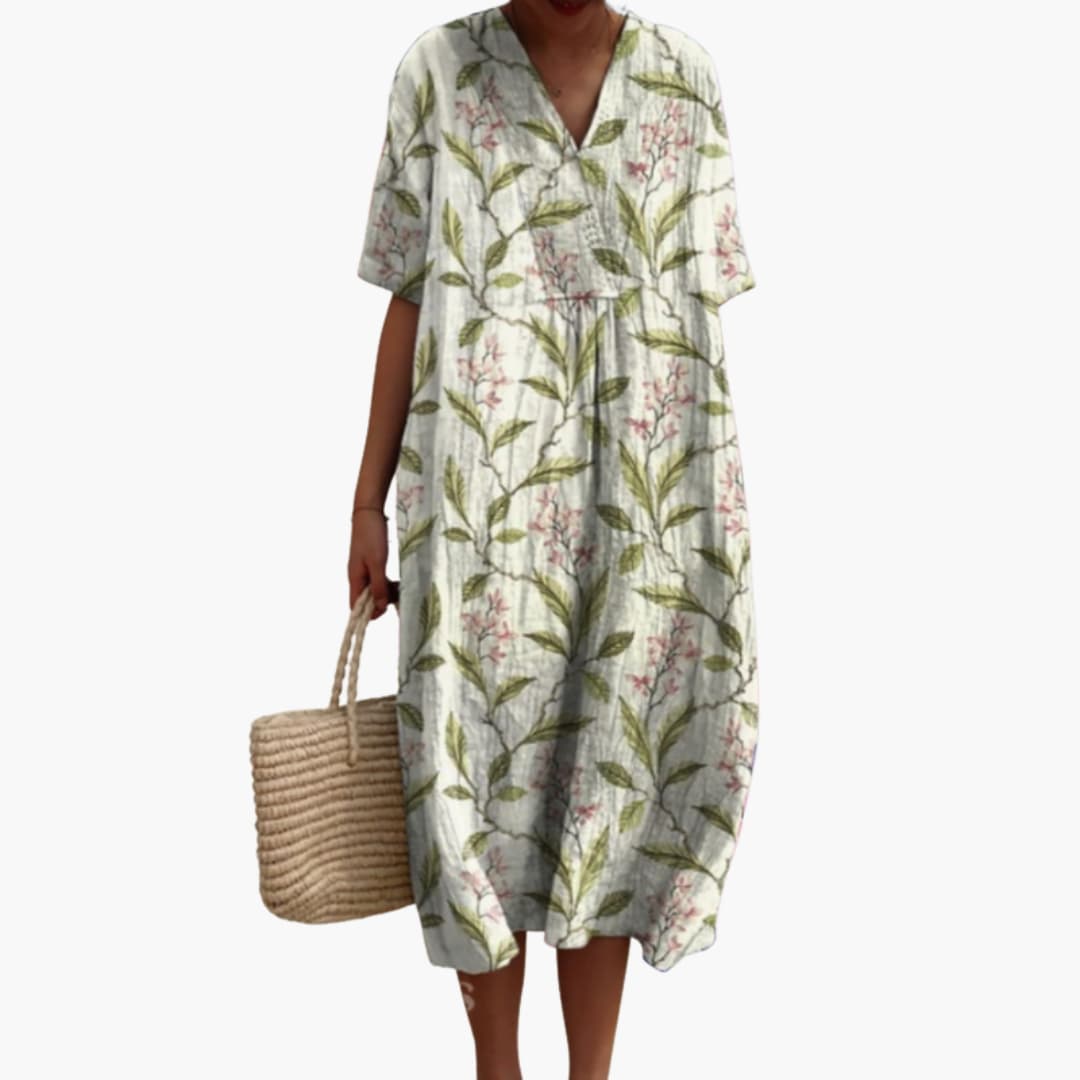 Robe Midi Femme Ample à Imprimé Floral avec Col en V