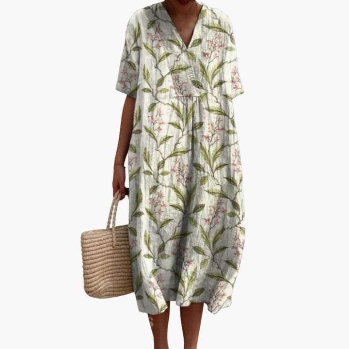 Robe Midi Femme Ample à Imprimé Floral avec Col en V