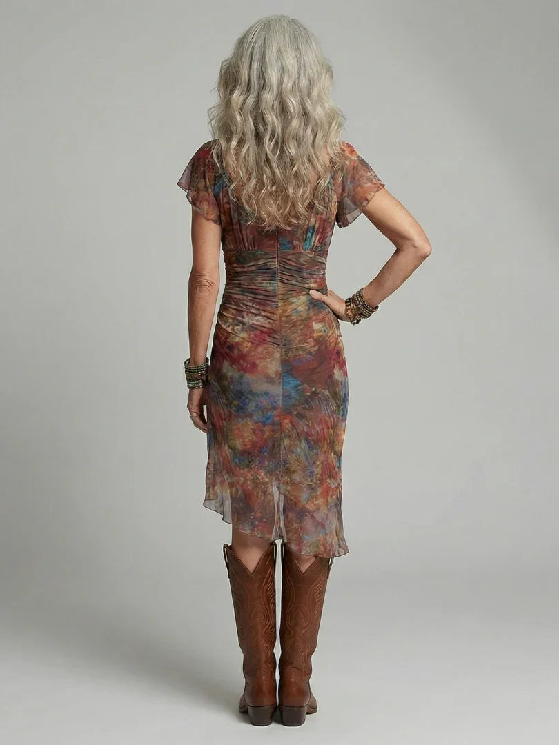 Vestito corto da donna con scollo a incrocio e stampa bohémien