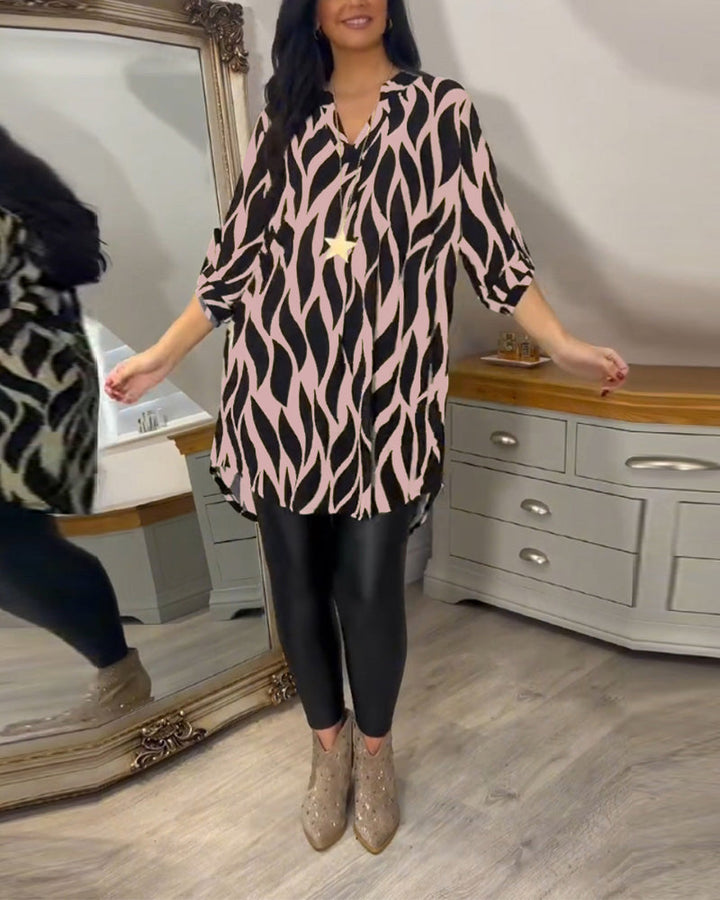 Blouse Ample Pour Femme à Col en V et Manches Trois-Quarts