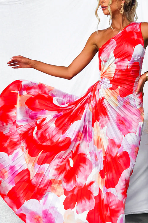 Robe Maxi Fleurie pour Femmes à Une Épaule avec Taille Drapée Élégante