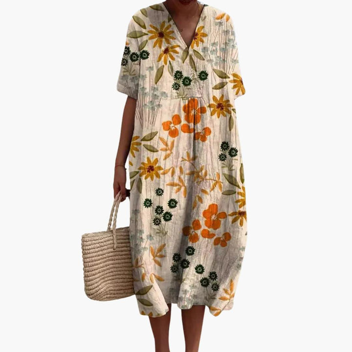 Robe Midi Femme Ample à Imprimé Floral avec Col en V