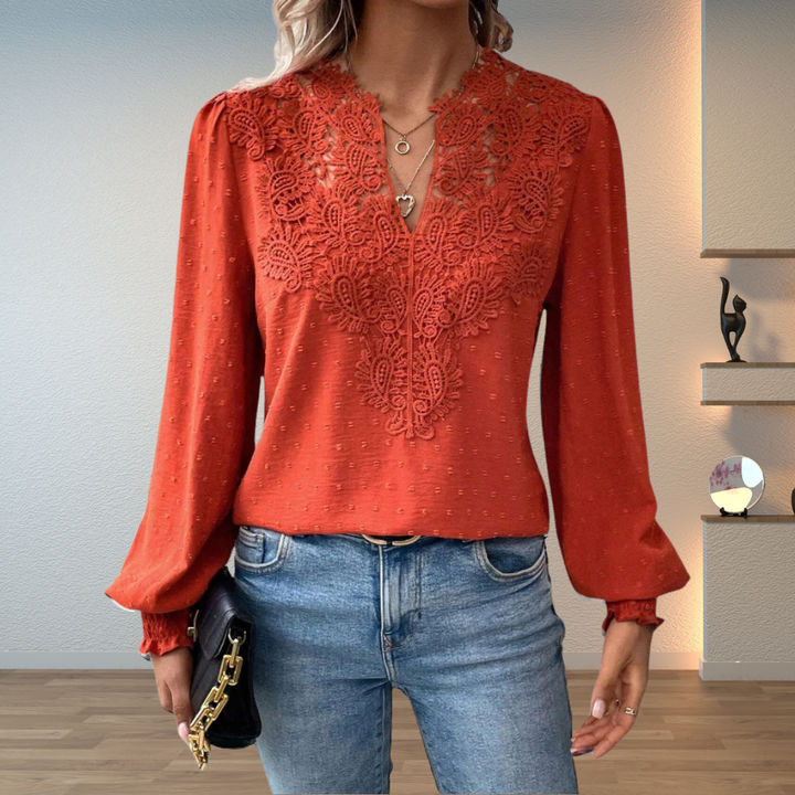 Blouse Femme Col V Brodé à Manches Longues Fluides