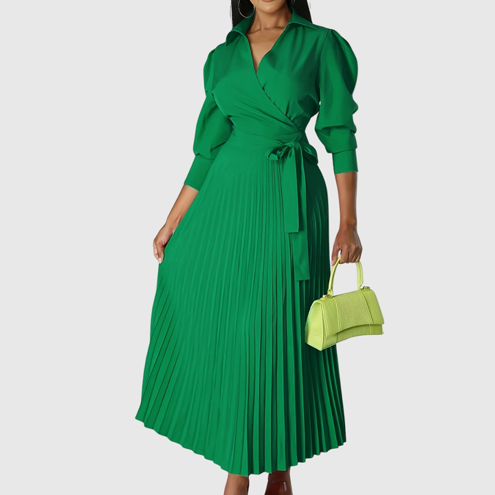Robe Longue Cache-Cœur Femme Plissée avec Ceinture à Nouer