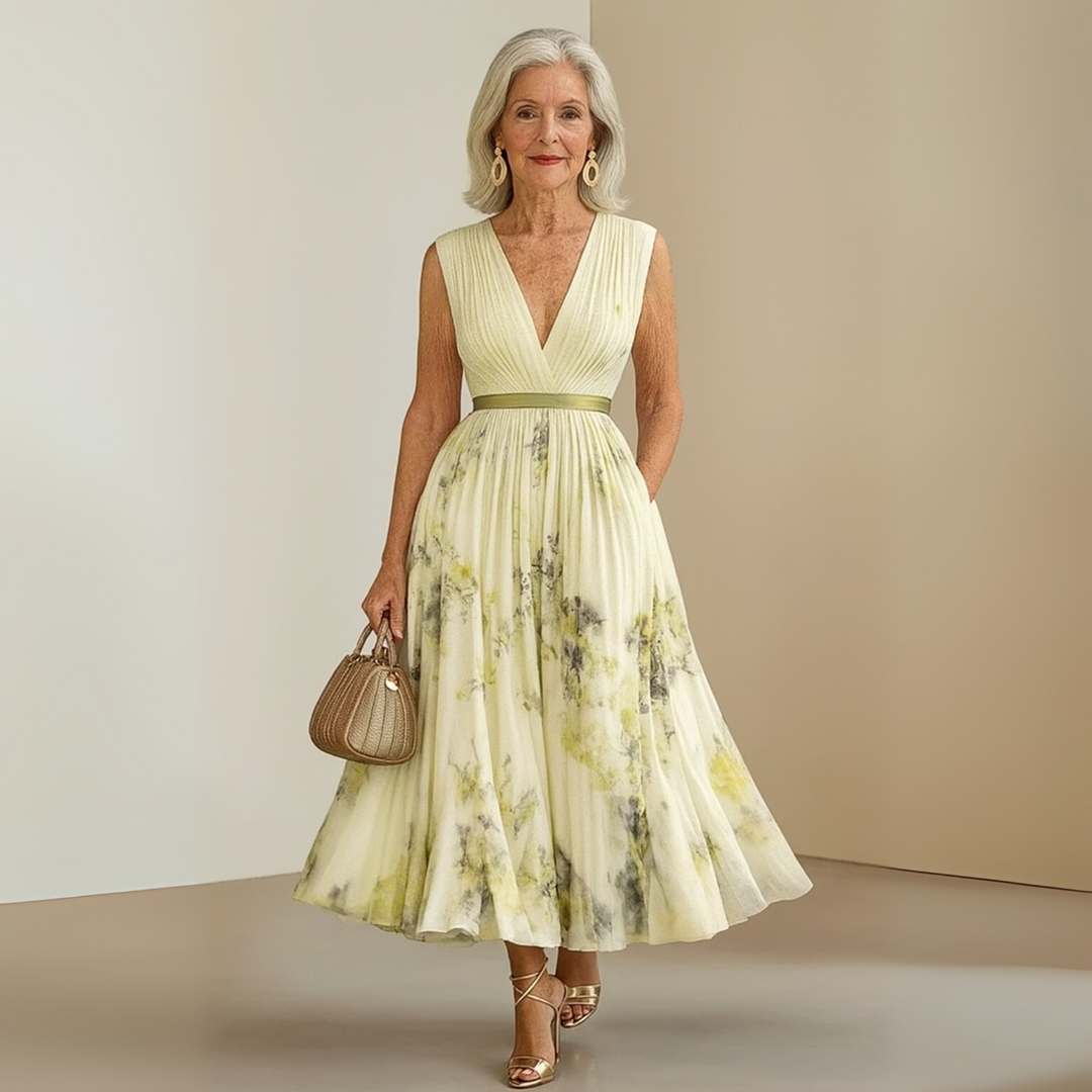 Elegantní midi květinové šaty s výstřihem do V pro ženy