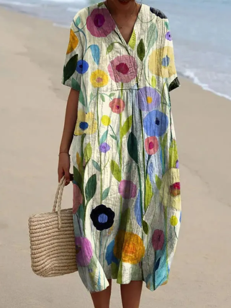 Women's Floral Print V-Neck Summer Midi Dress