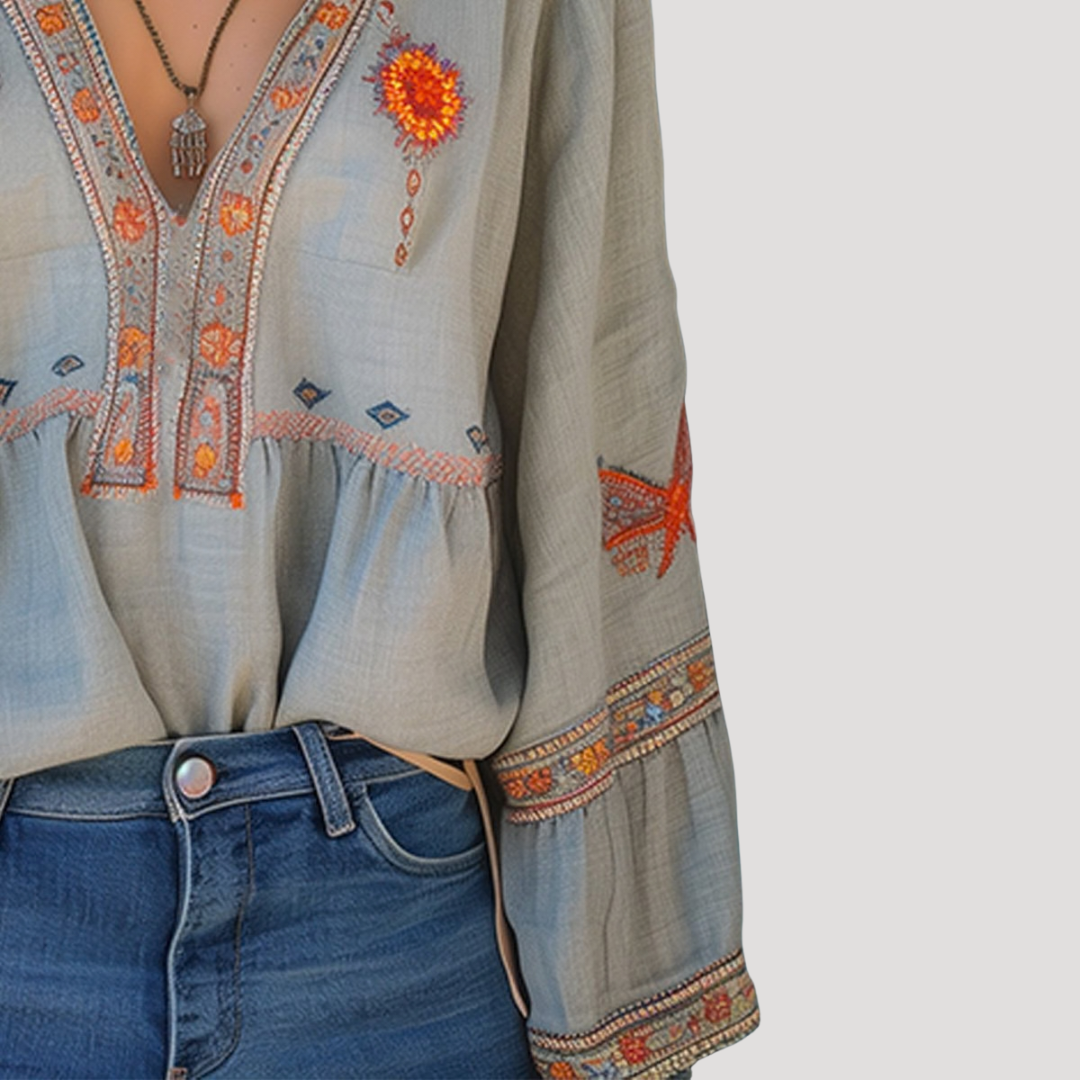 Blouse bohème femme broderie florale col V