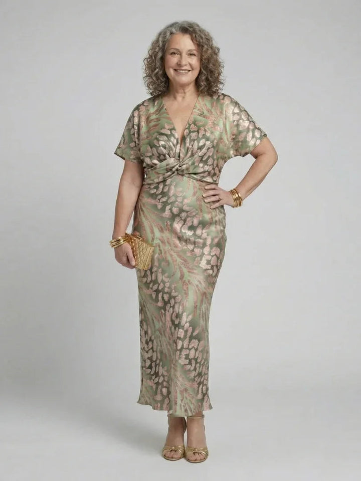 Vestito midi da donna stampato con vita drappeggiata e scollo a V