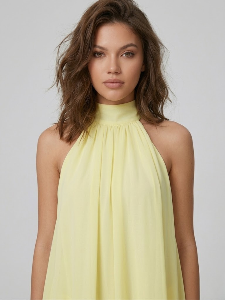 Robe courte femme dos nu col montant volants