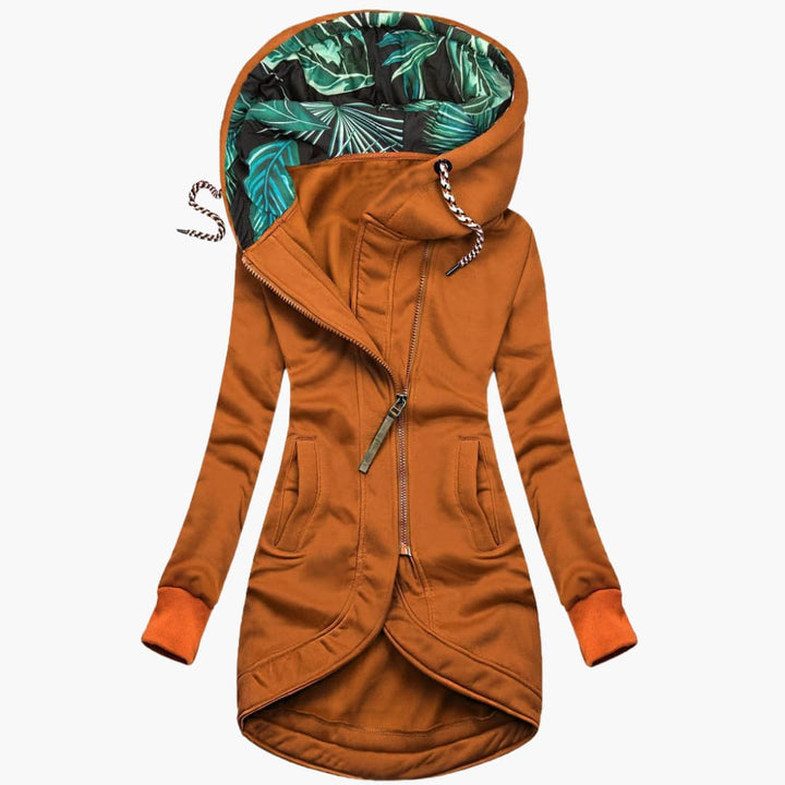 Veste Longue Femme à Capuche Imprimée et Zip Asymétrique