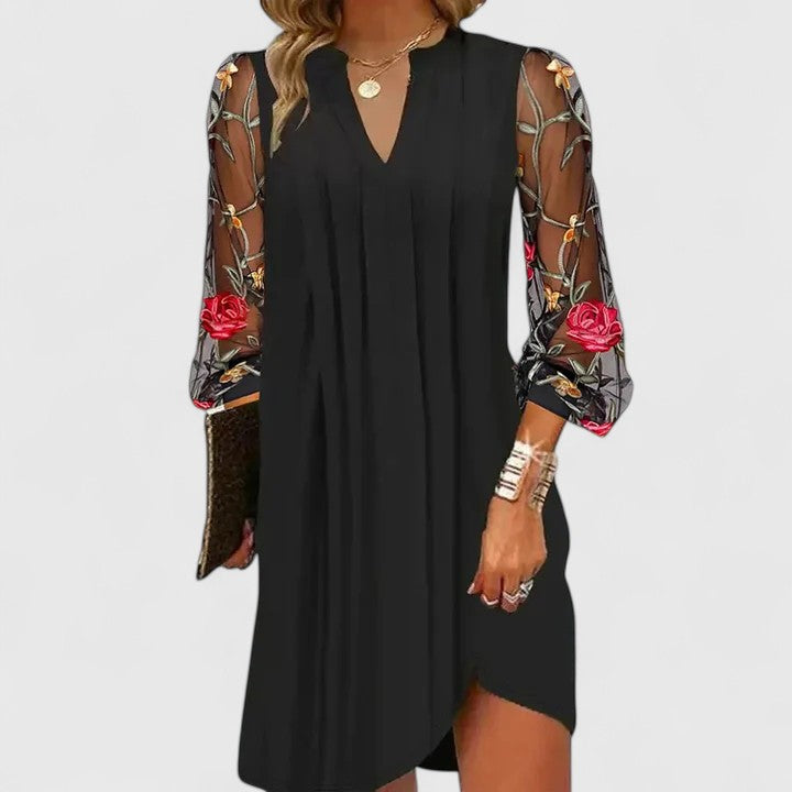 Robe Femme à Col V Fluide avec Manches Transparentes Fleuries
