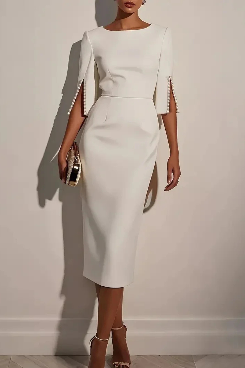Robe Midi Femme Élégante à Manches 3/4 et Coupe Ajustée Sophistiquée